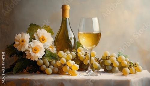 A bottle of white wine and a wine glass are placed on a table, accompanied by a bunch of grapes. The wine bottle is a green bottle with a brown label, and the wine glass is clear and slender