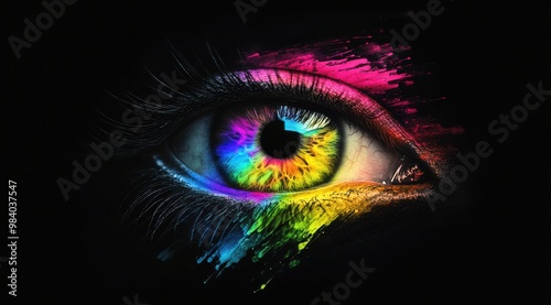 A colorful eye with rainbow colors. The eye is surrounded by a splash of paint, giving it a vibrant and artistic appearance