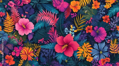 A colorful floral pattern with a tropical vibe. The flowers are bright and vibrant, with a mix of pink, orange, and yellow hues. The leaves are also colorful