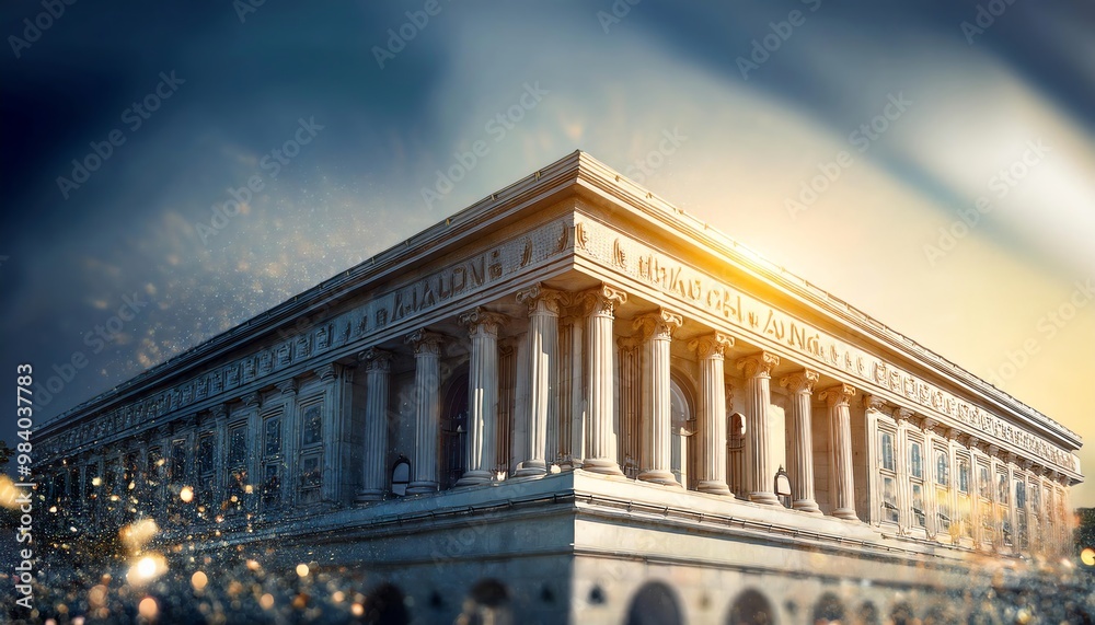 Fototapeta premium A majestic building with classical architecture, illuminated by a warm glow, set against a dramatic sky, showcasing its grandeur and historical significance.