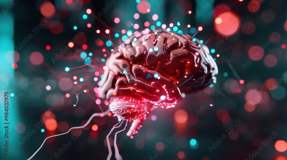 A surreal portrait of a human brain with digital pathways intertwined with its neural network, highlighting the connection between technology and human consciousness.
