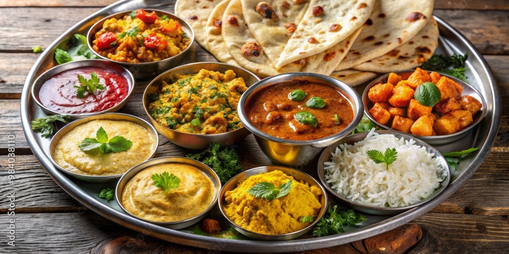 Aromatic Indian Thali A Feast for the Senses on a Silver Platter with Curries, Raita, Rice, and Naan Aromatic Indian Thali A Feast for the Senses on a Silver Platter with Curries, Raita, Rice, and Naan