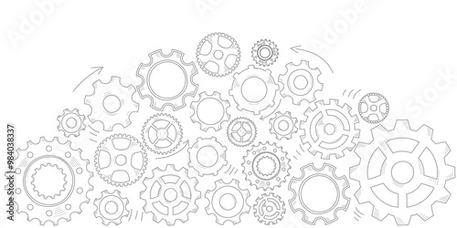 Hand drawn gear cogwheel arch. Doodle sketch style color gear mechanism. Concept of business idea, teamwork, progress background. Doodle cog