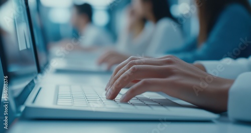 A person is typing on a laptop in front of a group of people. Concept of productivity and focus, as the person is working on their computer while others look on