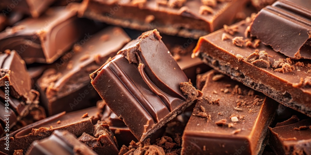 Close-Up Composition of Chaotic Chocolate Pile Rich Dark Brown Pieces, Smooth Glossy Surfaces, Soft Lighting, and Light Brown Shavings Create a Tempting, Indulgent Experience Close-Up Composition of Chaotic Chocolate Pile Rich Dark Brown Pieces, Smooth Glossy Surfaces, Soft Lighting, and Light Brown Shavings Create a Tempting, Indulgent Experience