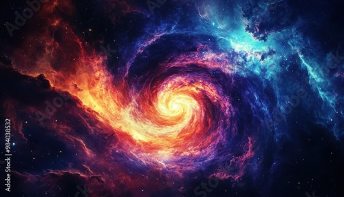 A spiral galaxy with a red and yellow center and blue and purple outer rim. The spiral is surrounded by a cloud of stars and nebulae. The colors of the galaxy are vibrant