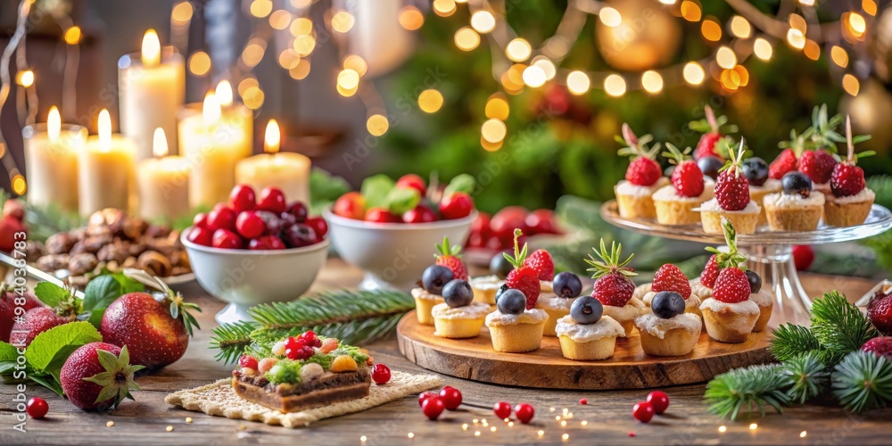 Close-up of a festive holiday table a well-balanced arrangement of bite-sized desserts with vibrant berries on a rustic wooden tray, surrounded by warm candlelight and twinkling Close-up of a festive holiday table a well-balanced arrangement of bite-sized desserts with vibrant berries on a rustic wooden tray, surrounded by warm candlelight and twinkling