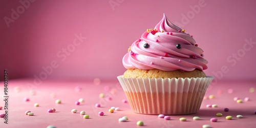 Close-Up of a Delightful Pink Cupcake on a Blurred Pink Surface, Nestled in a White Liner with Colorful Sprinkles, Evoking Whimsy and Sweetness in a Soft, Elegant Composition