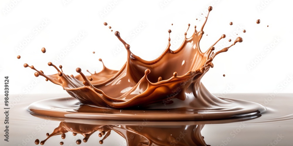 Close-Up of a Rich Chocolate Milk Splash Crown-Shaped Liquid Explosion on White Background, Capturing Dynamic Energy and Whimsical Tendrils in a Strikingly Delicious Moment Close-Up of a Rich Chocolate Milk Splash Crown-Shaped Liquid Explosion on White Background, Capturing Dynamic Energy and Whimsical Tendrils in a Strikingly Delicious Moment