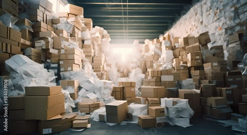 A chaotic warehouse filled with stacks of blue boxes and crumpled packing paper
