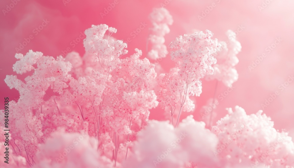 Pink flowers with white stems and leaves. The flowers are in a field and the sky is pink Pink flowers with white stems and leaves. The flowers are in a field and the sky is pink