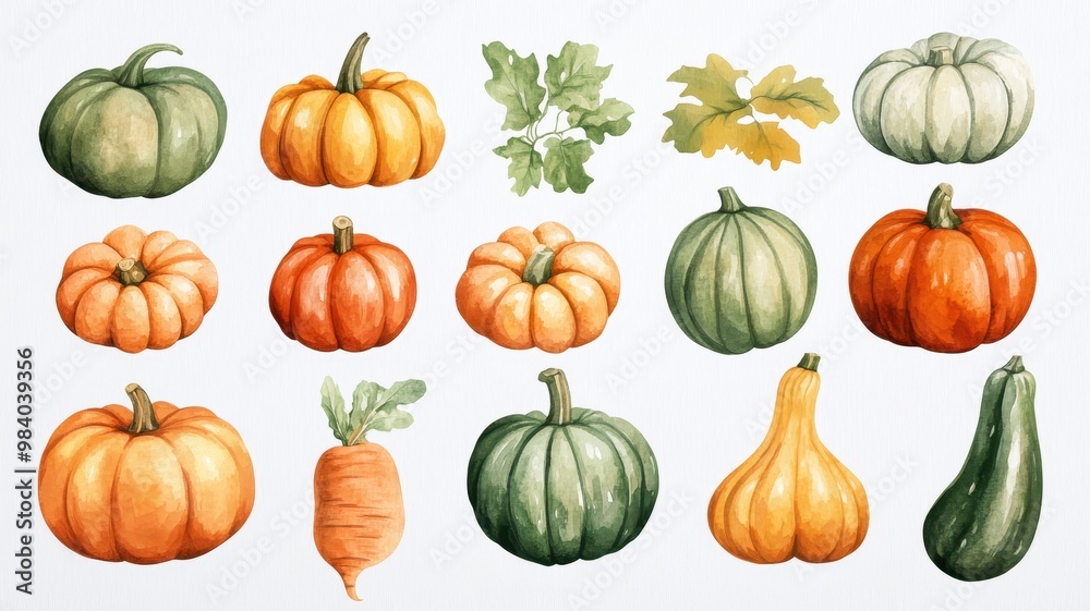 Watercolor of autumn elements set with Pumpkins,maple leaves,mushrooms,sunflower,Collection autumn seasonal holidays design,Thanksgiving,Halloween,Handmade art,party posters,decorate your artwork. Watercolor of autumn elements set with Pumpkins,maple leaves,mushrooms,sunflower,Collection autumn seasonal holidays design,Thanksgiving,Halloween,Handmade art,party posters,decorate your artwork.