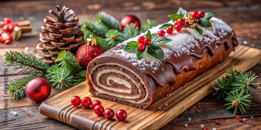 Close-Up of Festive Chocolate Yule Log Cake on Wooden Cutting Board, Adorned with Powdered Sugar, Red Berries and Surrounded by Warm Christmas Decorations in Soft Lighting Close-Up of Festive Chocolate Yule Log Cake on Wooden Cutting Board, Adorned with Powdered Sugar, Red Berries and Surrounded by Warm Christmas Decorations in Soft Lighting