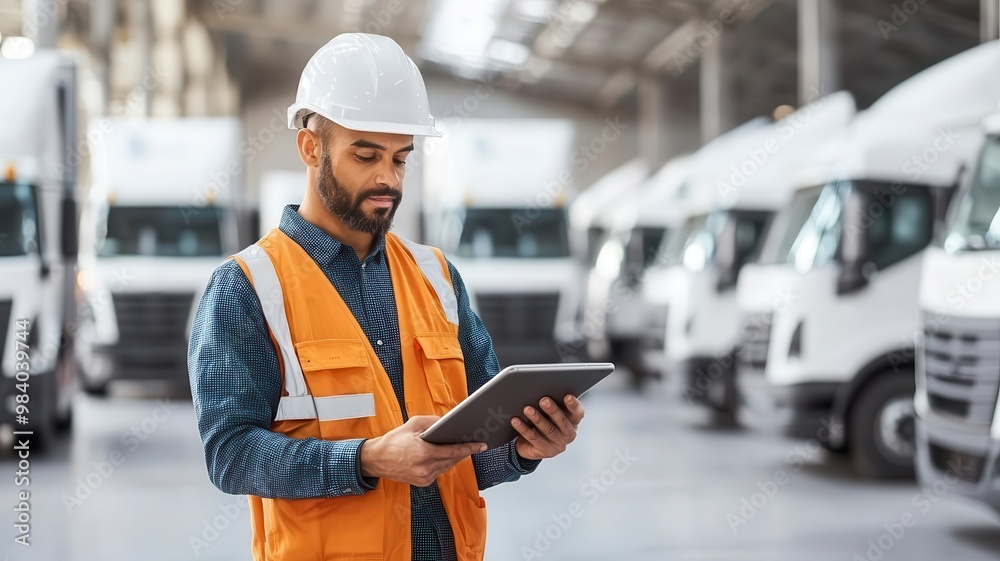 Worker using a tablet to manage a fleet of delivery trucks, automation and its impact on logistics marketing Worker using a tablet to manage a fleet of delivery trucks, automation and its impact on logistics marketing