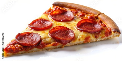 Close-Up of Enticing Pepperoni Pizza Slice on White Background Golden Brown Crust, Gooey Cheese, and Symmetrically Arranged Red Pepperoni, Brightly Lit for Vibrant Contrast and