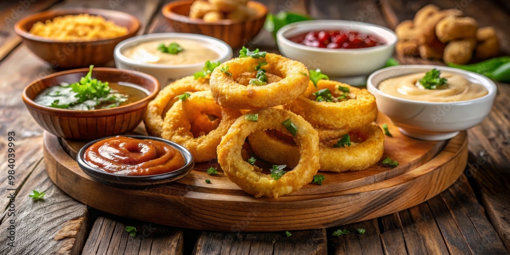 Close-Up of Golden Brown Onion Rings Stacked on a Rustic Wooden Board Surrounded by Dipping Sauces, Fresh Parsley, and Fried Snacks, Creating an Appetizing and Hearty Ambiance Close-Up of Golden Brown Onion Rings Stacked on a Rustic Wooden Board Surrounded by Dipping Sauces, Fresh Parsley, and Fried Snacks, Creating an Appetizing and Hearty Ambiance