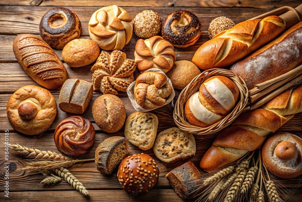 Assortment of fresh baked bread and sweet pastries on wood background Assortment of fresh baked bread and sweet pastries on wood background