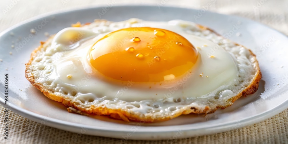 Close-Up of Perfectly Fried Egg with Bright Yellow Yolk and Crispy White on Glossy White Plate, Framed by Blurred Beige Linen for a Warm, Inviting Breakfast Feel Close-Up of Perfectly Fried Egg with Bright Yellow Yolk and Crispy White on Glossy White Plate, Framed by Blurred Beige Linen for a Warm, Inviting Breakfast Feel