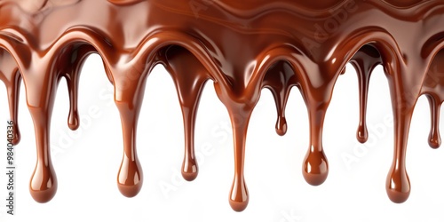 Close-Up of Luxurious Melted Chocolate Dripping Gracefully Against White Background, Highlighting Glossy Texture and Rich Brown Tone, Evoking Indulgence and Temptation