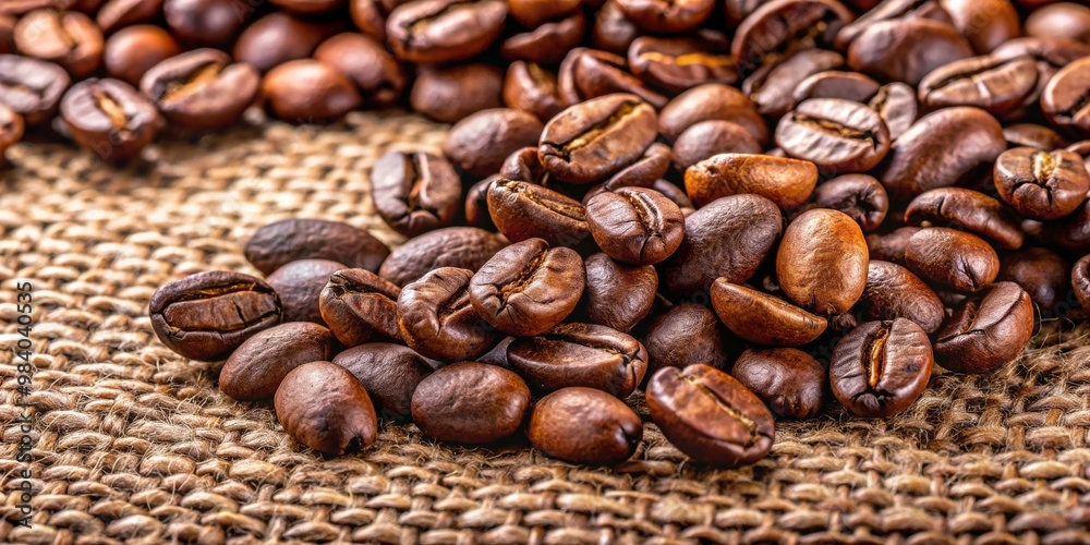 Close-Up of Roasted Coffee Beans on Coarse Woven Fabric A Tactile Study of Earthy Browns, Emphasizing Texture and Detail with Shallow Depth of Field and Natural Abundance Close-Up of Roasted Coffee Beans on Coarse Woven Fabric A Tactile Study of Earthy Browns, Emphasizing Texture and Detail with Shallow Depth of Field and Natural Abundance