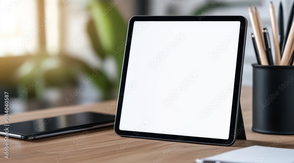 A tablet sits on a desk next to a pen and pencil holder. The scene is simple and uncluttered, with a focus on the tablet and the writing utensils. Mockup, empty space for logo or text A tablet sits on a desk next to a pen and pencil holder. The scene is simple and uncluttered, with a focus on the tablet and the writing utensils. Mockup, empty space for logo or text