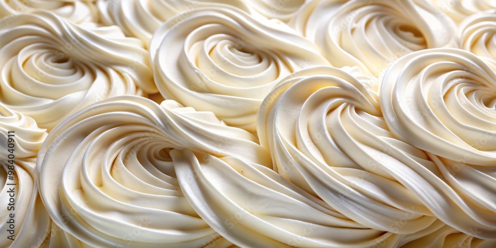 Close-Up of Whipped Cream Swirl Textured Creamy White Concentric Circles with Pearlescent Light Reflection, Softness and Indulgence Evoking Bakery Delights in a Captivating Close-Up of Whipped Cream Swirl Textured Creamy White Concentric Circles with Pearlescent Light Reflection, Softness and Indulgence Evoking Bakery Delights in a Captivating