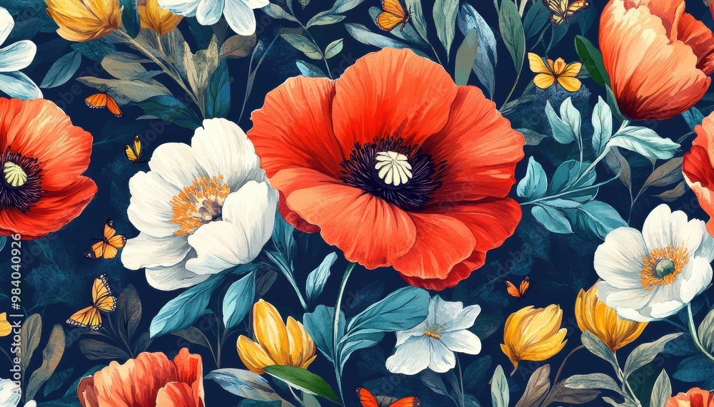 A painting of a flower garden with red and white flowers and butterflies. The painting is full of life and color, and it conveys a sense of joy and happiness A painting of a flower garden with red and white flowers and butterflies. The painting is full of life and color, and it conveys a sense of joy and happiness