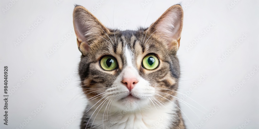 Obraz premium Close-Up Portrait of a Curious Cat with Bright Green Eyes and Prominent Whiskers, Set Against a Simple White Background, Showcasing Soft, Shiny Fur in a Playful Expression