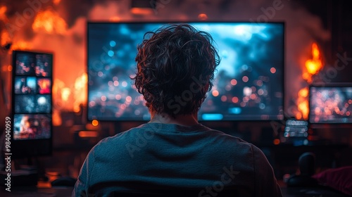 Gamer in Dark Room with Fiery Screens Behind Him