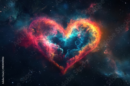 A heart made of colorful clouds in space. The heart is surrounded by a blue and orange cloud photo