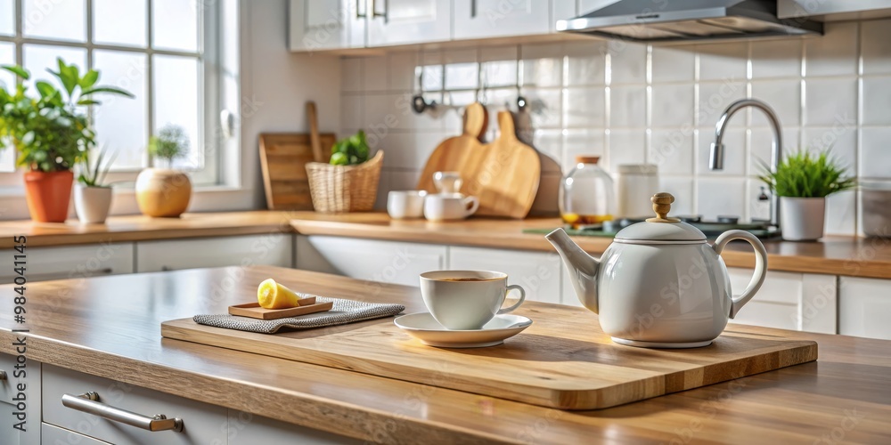 Cozy Kitchen Close-Up Glossy Light Wood Countertop with Centered White Teacup, Teapot, and Lemon Slice, Surrounded by Modern Decor and Warm Natural Light Cozy Kitchen Close-Up Glossy Light Wood Countertop with Centered White Teacup, Teapot, and Lemon Slice, Surrounded by Modern Decor and Warm Natural Light