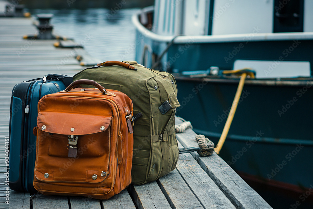 Travel bags including backpacks and suitcases rest on a wooden dock near a boat with water in the background