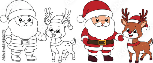 Santa and Reindeer Cartoon Outline Coloring Page. Christmas and Winter Illustration