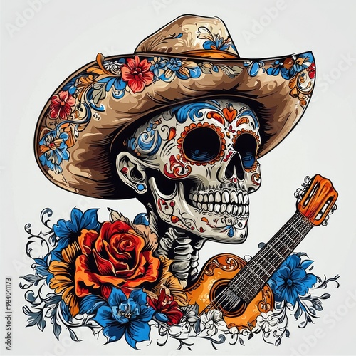 Sugar Skull Musician with Guitar and Flowers