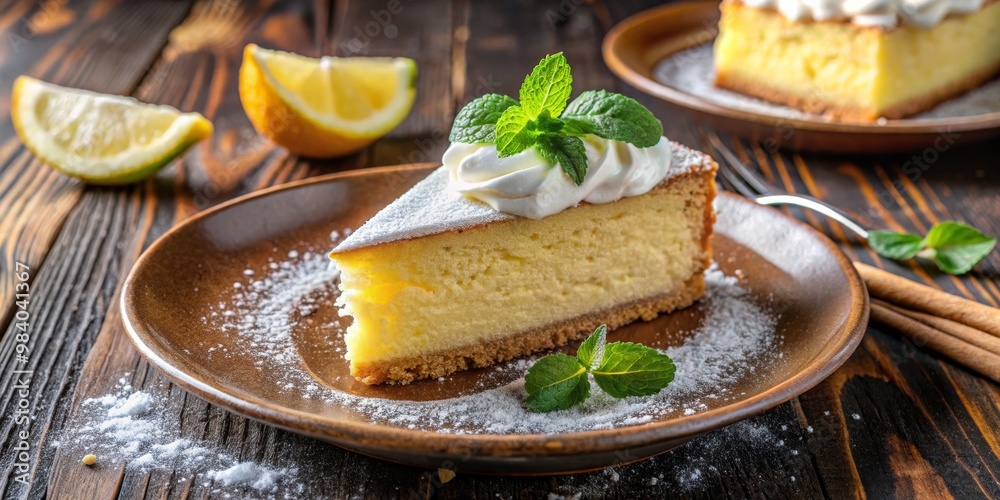 Delicious Cheesecake Slice on Rustic Wooden Table Centered and Angled with Whipped Cream, Mint, and Lemon Wedges, Dusted with Powdered Sugar for Intimate, Cozy Indulgence