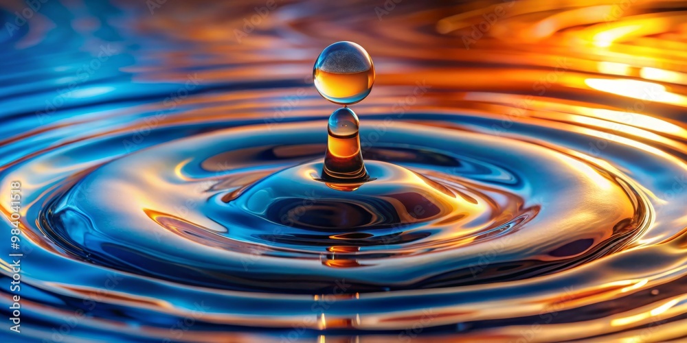 Dynamic Close-Up of a Water Droplet Impacting Surface, Creating Radiant Ripples in Blue and Orange, Centered Composition with Detailed Reflection and Inviting Warm Background Dynamic Close-Up of a Water Droplet Impacting Surface, Creating Radiant Ripples in Blue and Orange, Centered Composition with Detailed Reflection and Inviting Warm Background