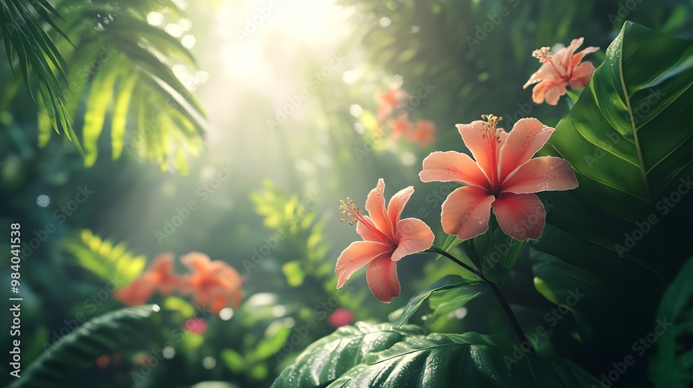 Obraz premium Dense jungle alive with bright flowers and rich green foliage