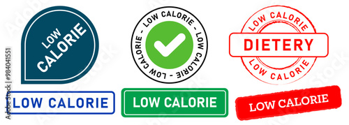 Low calorie food product calories counting stamp colorful badges sign sticker emblem design set collection