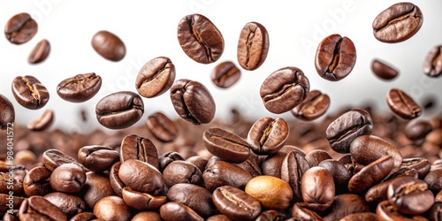 Dynamic Close-Up of Coffee Beans Foreground Focus on Rich, Oily Textures, with Scattering Beans in Mid-Air, Set Against Soft White Background, Capturing Movement and Energy in