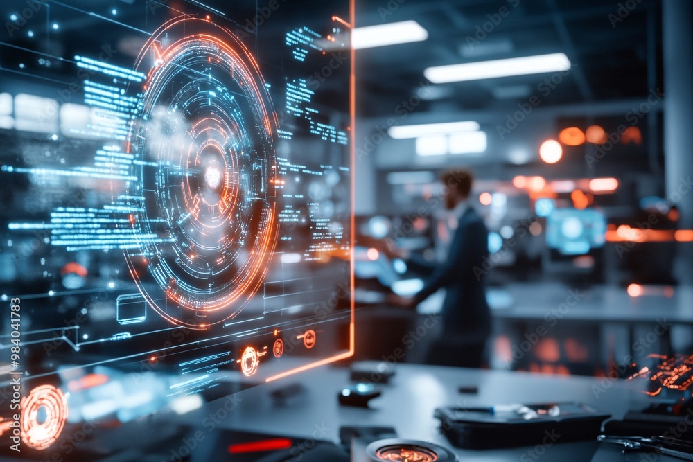 Futuristic Digital Interface in Modern Office Setting