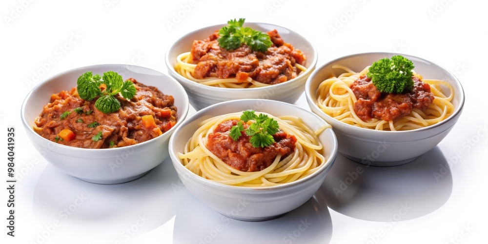 Elegant Arrangement of Four White Bowls of Perfectly Cooked Spaghetti with Rich Meat Sauce and Fresh Parsley on a Clean White Background, Showcasing Warm and Inviting Colors Elegant Arrangement of Four White Bowls of Perfectly Cooked Spaghetti with Rich Meat Sauce and Fresh Parsley on a Clean White Background, Showcasing Warm and Inviting Colors