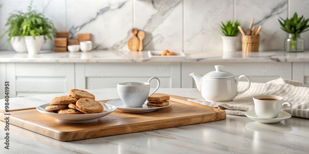 Elegant Breakfast Scene Wooden Cutting Board with Cookies and Coffee on White Marble Countertop, Soft Natural Light, Relaxed Teapot, and Serene Kitchen Background for Cozy Elegant Breakfast Scene Wooden Cutting Board with Cookies and Coffee on White Marble Countertop, Soft Natural Light, Relaxed Teapot, and Serene Kitchen Background for Cozy