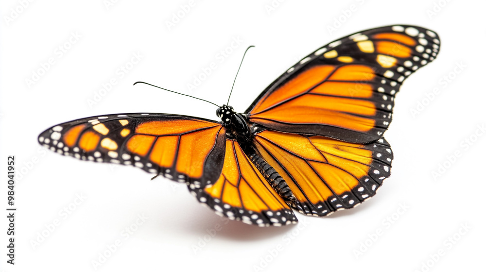 A vibrant monarch butterfly resting on a surface displaying its distinctive orange and black wings A vibrant monarch butterfly resting on a surface displaying its distinctive orange and black wings