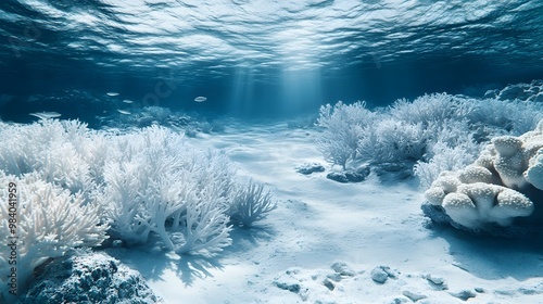 A 3D underwater view of a coral reef suffering from bleaching, once vibrant but now pale and lifeless due to rising ocean temperatures, as fish search for shelter in the damaged ecosystem.
 photo