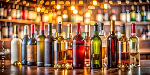 Wallpaper Mural Elegant Close-Up of Ten Wine Bottles and a Wine Glass on a Warm Wooden Table, Emphasizing Varied Shapes, Rich Colors, and Inviting Atmosphere for Celebratory Moments Torontodigital.ca