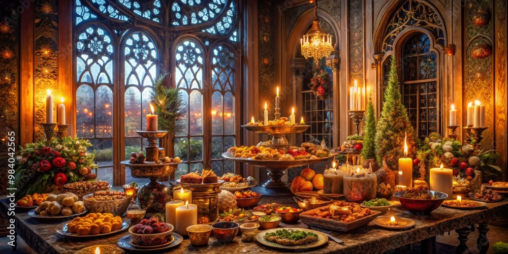 Obraz premium Festive Dining Table for Winter Holiday Celebrations Rich Wooden Surface, Candlelit Ambiance, Ornate Decor and Vibrant Foods, Exquisite Stained-Glass Window Highlighting Opulent