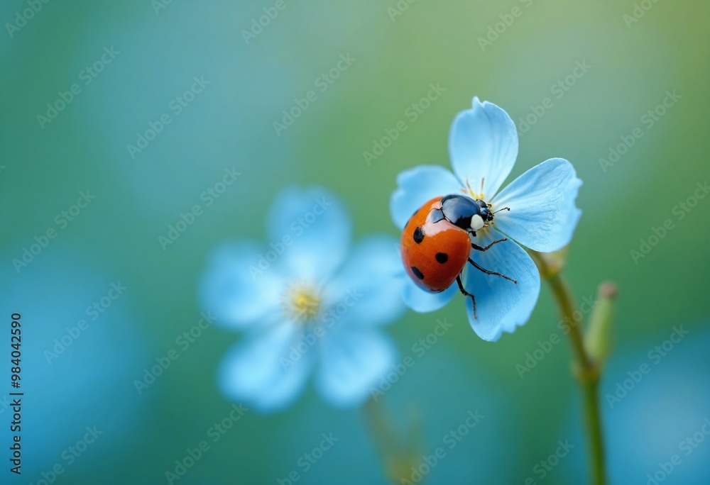 Macro photography of a ladybug on a light blue flower, blurred bokeh background, copy space on a side Macro photography of a ladybug on a light blue flower, blurred bokeh background, copy space on a side