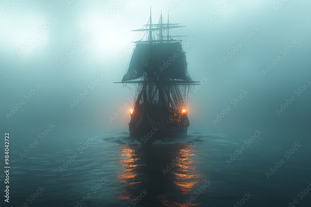 Eerie pirate ships navigating through foggy waters. Generative AI Eerie pirate ships navigating through foggy waters. Generative AI