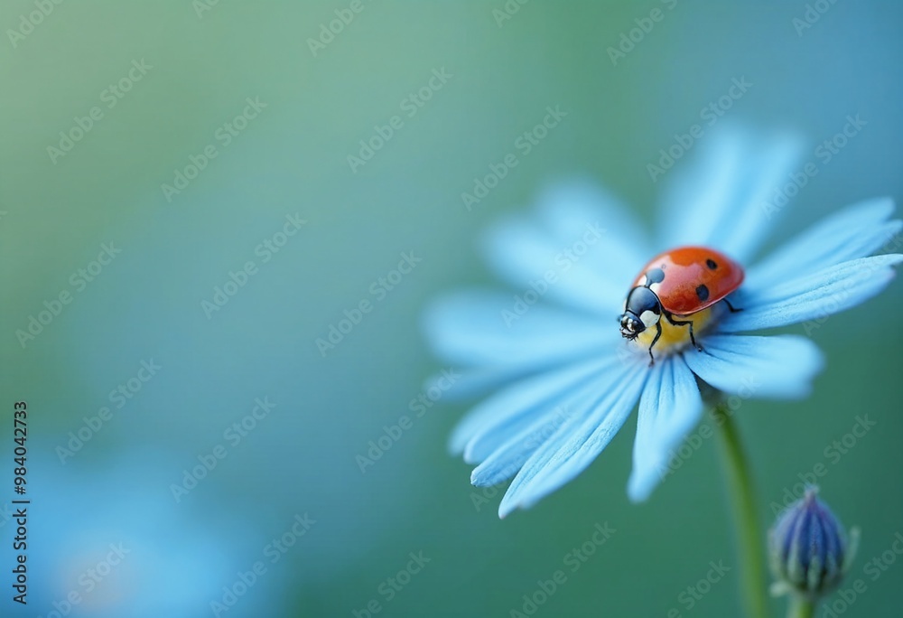 Macro photography of a ladybug on a light blue flower, blurred bokeh background, copy space on a side Macro photography of a ladybug on a light blue flower, blurred bokeh background, copy space on a side