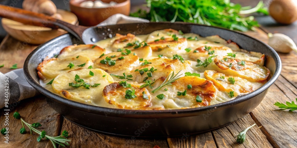 Golden-Brown Potato Gratin in Cast Iron Skillet on Rustic Wood Tabletop Golden-Brown Potato Gratin in Cast Iron Skillet on Rustic Wood Tabletop